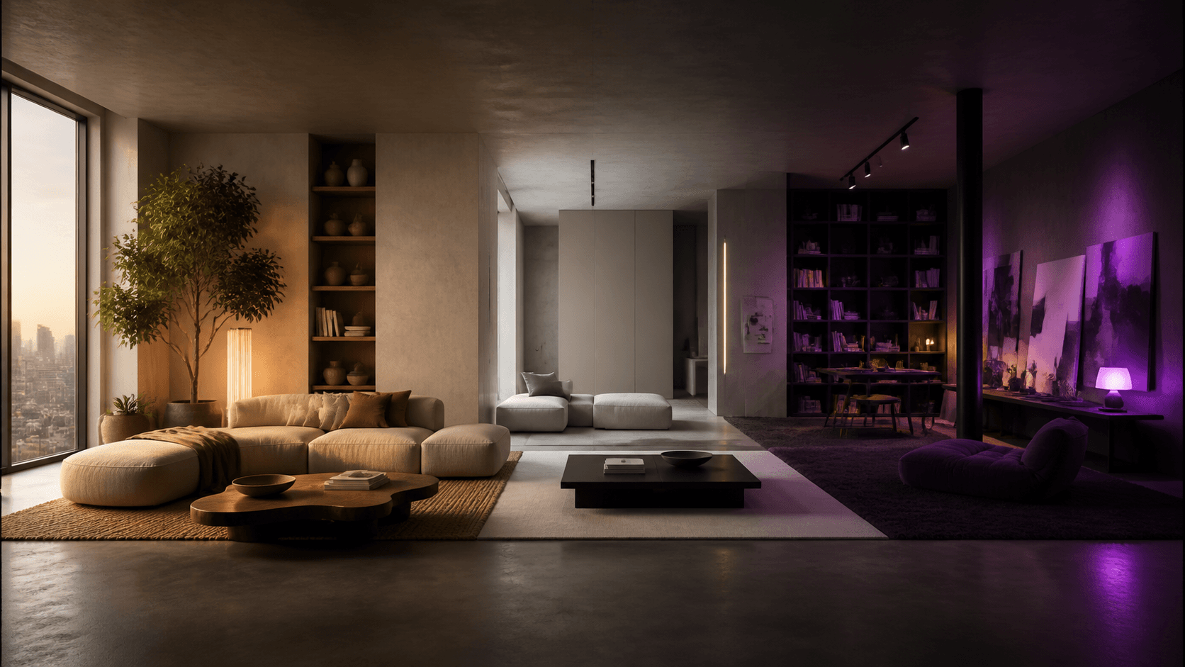 A living room shown as three possible design directions